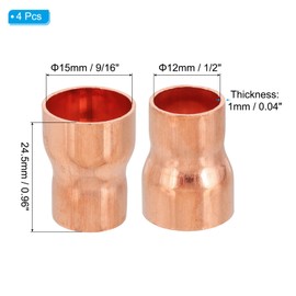 PATIKIL 15mm to 12mm ID Copper Reducer, 4pcs 99.9% Pure Copper Reducing Coupling Pressure Fitting Pipe Tube Connector Adapter with Sweat Solder Connection