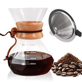 Pour Over Coffee Maker 600ml with 304 Stainless Steel Filter and Wooden Collar Holder Borosilicate Glass Drip Coffeemaker Server Set Clear Hand Brew Dripper Carafe for Home Camping Travel 20.3oz