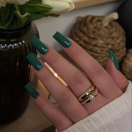 KQueenest Glossy Dark Green Press on Nails Long Medium Square, Pure Color Coffin Fake Nails Press ons, Press on Acrylic Nails Natural, Thick Glue on Nails for Women DIY Salon Manicure Nail Art Design
