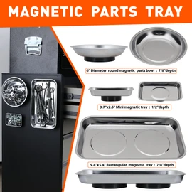 HORUDSY 4PC Magnetic Tray Set with Magnet Stick – Extra Strong Magnets, Stainless Steel Trays, and Telescoping Pickup Tool for Organizing and Retrieving Metal Parts