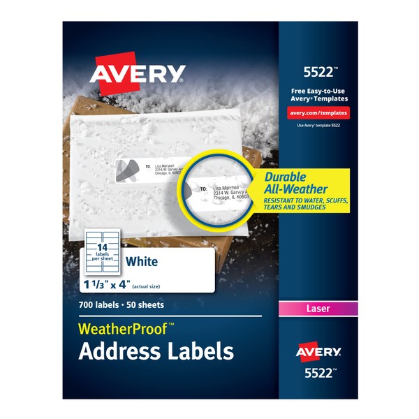 Avery® WeatherProof Mailing Labels with TrueBlock Technology, AVE5522, Permanent Adhesive,