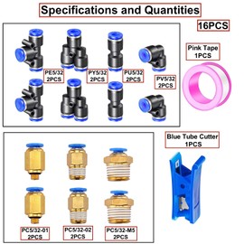 HUAZIZ Blue 10 m Air PU Pneumatic Hose, 5/32 Inch Pneumatic Polyurethane Pneumatic Hose, 4 mm Outer Diameter with 14 Pieces Pneumatic Connector + 1 Hose Cutter + 1 Roll of Tape