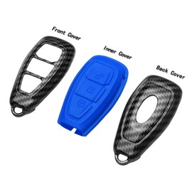 TANGSEN Key Fob Case Compatible with Ford C-MAX Escape Fiesta Focus RS Fusion 3 Button Keyless Entry Remote Carbon Fiber Pattern ABS Blue Silicone Cover