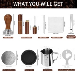 Gmnuiy51mm Coffee Tamper Set 24PCS, Espresso Accessories Kit Barista Kit,316stainlesss Tamper & WDT Tool,316stainlesss Frothing Pitcher, Stirrer, Tamper Mat, Latte Art Pen Coffee puck screen (brown)
