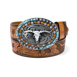 Mawjom Western Cowboy Cowgirl Leather Belts - Women Men Turquoise Embossed Waist Belts With LongHorn Bull Buckles