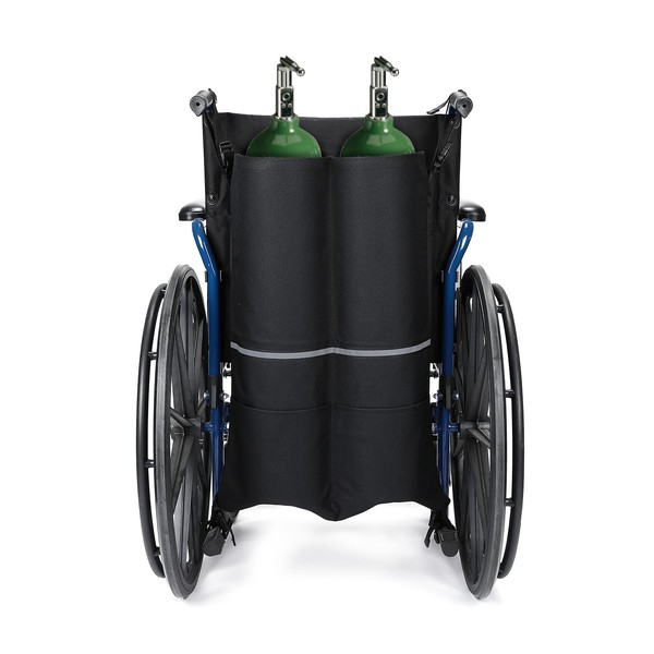 Issyzone Dual Oxygen Tank Holder for Wheelchair, Oxygen Cylinder Bag, with Nice Mesh Storage Pocket Fits D and E Oxygen Tanks, Ideal Gift for Father's Day