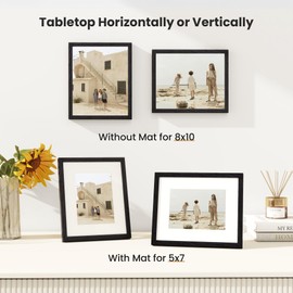 8x10 Picture Frame, Solid Oak Wood 8x10 inch Black Photo Frame for Home & Wall Decor, 8x10 Picture Frame with Mount for 5x7 Inch with Tempered Real Glass, Tabletop & Wall Mounting Display