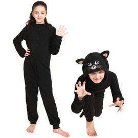 Wizland Disfraz de traje de gato negro, halloween animal onsie niñas para niños, traje de gato peludo disgraz 4-6