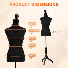 FDW Manikin 60”-67”Height Adjustable Female Dress Model Display Torso Body Tripod Stand Clothing Forms (Black)