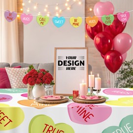 2Pcs Valentines Day Tablecloth Decorations 60x84 Inch: Candy Heart Table Cover with Banner for Home Party Decor - Style 2