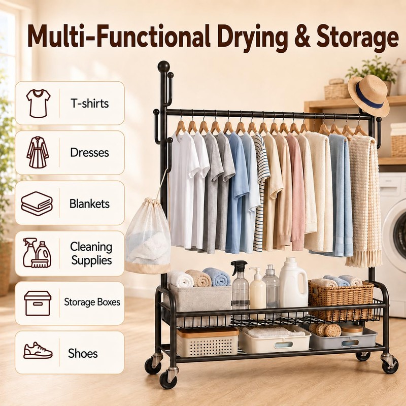 ANJIYP Rolling Clothes Drying Rack with Lockable Wheels, Heavy Duty