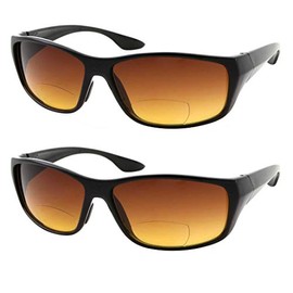 2 Pair Bifocal Sun Reader Sport and Wrap Around Reading Sunglasses - Amber Tint Great for Driving and Fishing - Men and Women (2 Black, +1.00)