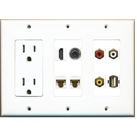 RiteAV - (3 Gang 15A Power Outlet HDMI 2 Cat6 Composite Video 3.5mm USB Wall Plate
