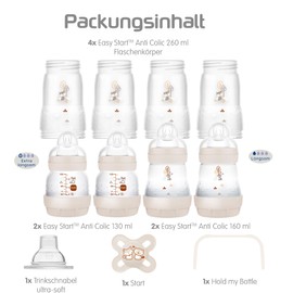 MAM Easy Start Anti-Colic Baby Bottle Set, Base Valve to Prevent Colic, 15 Pieces, Self-Sterilising, Colour: Sand / Cream / Beige / Almond
