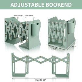Adjustable Bookends - Field Green - 19 Inches 2 Dividers Heavy Duty Metal Book Holders - Book Storage Rack, Organizer Magazine File Holder for Desk - Decorative Bookends for Office School Bookstore