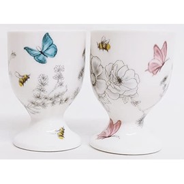 Secret Garden Egg Cups Set of 2 Fine China Flowers Butterflies Bees Eggcups Hand Decorated UK