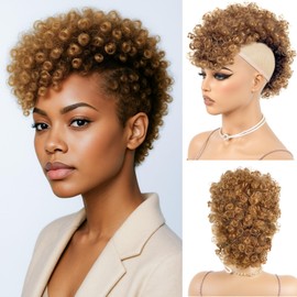 Rafabcici Mohawk Wig for Black Women – Short Kinky Curly Afro Puff Wig, Synthetic Fluffy Ponytail Hairpiece with Adjustable Straps for Daily Wear, Party, Cosplay (T1B/30)