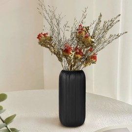 Matte Black Ceramic Vase for Flowers, 8 INCH Modern Small Ribbed Textured Matte Black Flower Vase for Home Decor, Pampas Grass, Decorative, Farmhouse, Coffee Table, Bookshelf and Home Living