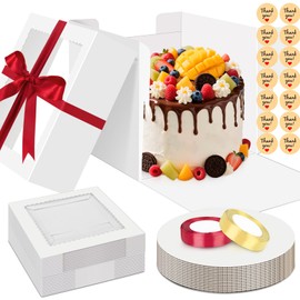 Sudaya Sudaya 10x10x5 Cake Boxes with Window, Cake Boxes 10 inch Tall with Cakes Box Ribbon Stickers, 10in Disposable Carry Bakery Containers Cajas Para Pasteles for Pies Party Wedding Gift Giving