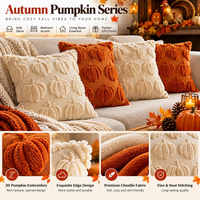 3D Plush Pumpkin Pillow Cover for Fall Decorating – Soft
