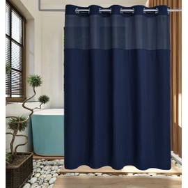 Conbo Mio Waffle Weave Hotel Style No Hooks Needed Shower Curtain with Snap in Liner for Bathroom Waterproof Machine Washable Shower Curtain (Waffle-Navy Blue,71"(W) x 74"(H))
