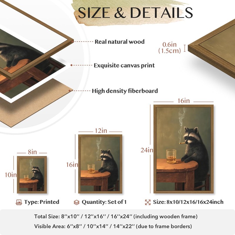 Hianan Wood Framed Funny Vintage Gentleman Raccoon Wall Art 12x16