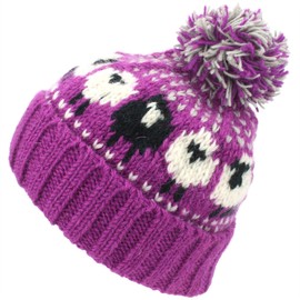 LOUDelephant Wool Knitted Beanie Hat with Bobble - Sheep - Pink / White, One Size, pink white