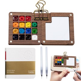 Aquarell-Reise-Set,Yiyifor Portable Aquarell Skizzenbuch,Reisefarben Set mit 15 Grids,Aquarellpapier Journal,Aquarellpinsel Stifte und Clip,Wassermalkasten,für Maler,Künstler,Studenten