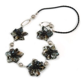Avalaya Black Coloured Sea Shell Floral Faux Leather Cord Necklace - 74cm Long