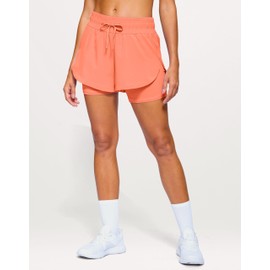 Soothfeel - Pantalones cortos de correr 2 en 1 para mujer, 5 pulgadas, pantalones cortos deportivos de cintura alta, para entrenamiento, gimnasio, tenis, ejercicio, con bolsillo para forro, Coral, M