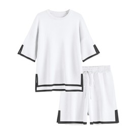 Ekouaer Womens Knit Lounge Set 2 Piece Sweater Sets Short Sleeve Pullover Tops Loungewear White, X-Large