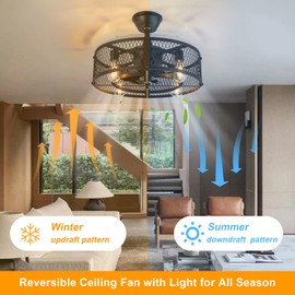 Depuley Caged Ceiling Fan with Light: 20" Black Small Fandelier Ceiling Fan with Remote - Farmhouse Fandelier with Fan Light Fixture for Low Profile Indoor Bedroon Kitchen Living Dining Room