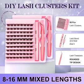 SKY MANGO Lash Clusters Kit 8-16mm 9 Different Lengths mixed 80 PCS False Eyelash Extension with Lash Bond and Seal and Tweezers for Self Use