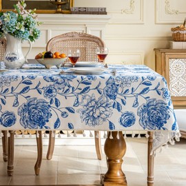F-CHU Blue Floral Tablecloth Rectangular Cotton Linen Table Cloth with Tassels for Restaurant, Picnic, Indoor and Table Cover Home Decoration 60x86-Inch