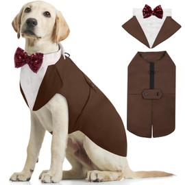 Kuoser Dog Tuxedo, Dog Wedding Suit and Bandana Set, Pet Clothes Puppy Formal Shirt with Removable Bow Tie, Doggie Costume Small Medium Large Dogs Outfit for Party Birthday Festival, Brown