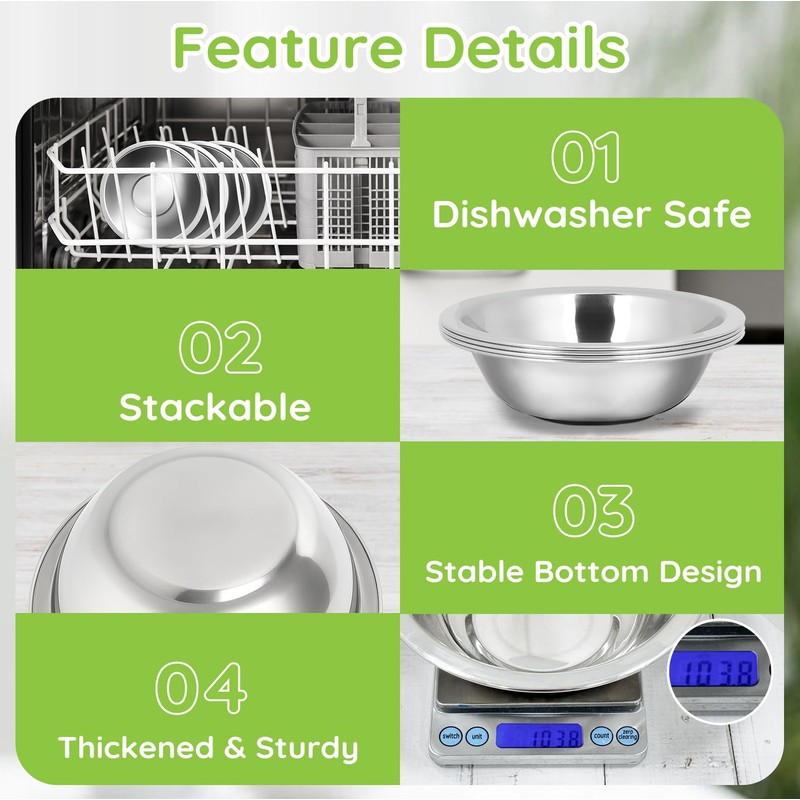 Offiper 304(18/8) Stainless Steel Mixing Bowls for Kitchen, 4 Pack