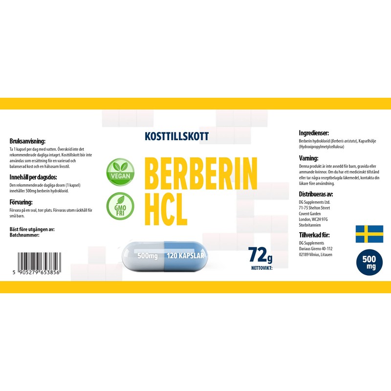 Berberine HCL 500 mg 120 Vegan Capsules, Laboratory Tested, High