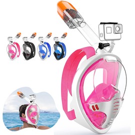Tyuodna Snorkel Mask Adults and Children, Diving Mask, Full Face Mask, CO2 Safe, 180 Degree Vision Diving Mask, Full Mask, Anti-Fog Snorkeling Mask with Camera Position (White, Pink, S/M)
