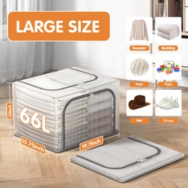 Bubimon 3 Pack Fully Transparent Clothes Storage Bins with Metal Frame, Stackable & Foldable Storage Box with Lids, Closet Organizers And Storage For Bedding, Cap, Sweater, Baby Clothes. (Large 66L)