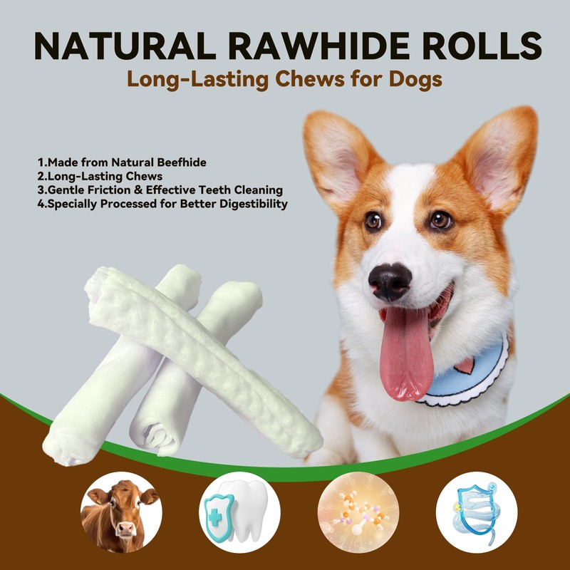 Tkacmoy Rawhide Rolls for Dogs, Long Lasting Beef Hide Chews-
