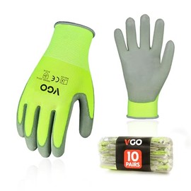 Vgo 10 pares de guantes de trabajo de seguridad, guantes de jardinería, recubiertos de poliuretano, guantes de inmersión, sin látex (talla M, amarillo, PU2103)