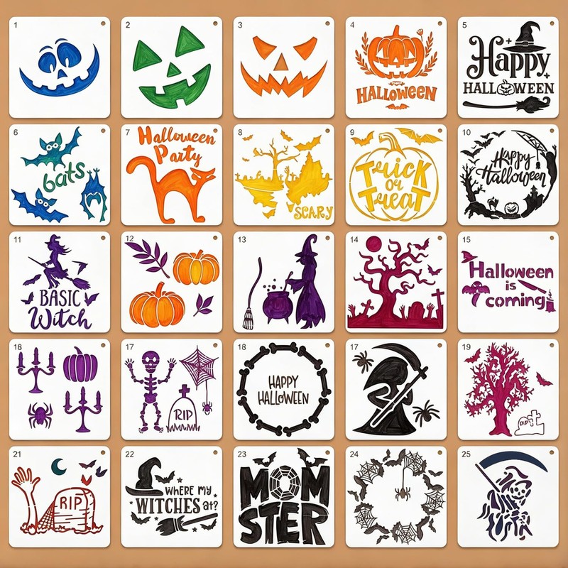 25Pcs Halloween Stencils for Painting, Pumpkin Stencils 6×6 Inch