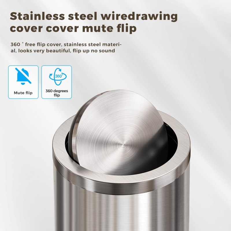 LEASYLIFE 4.8GALStainless Steel Bathroom Trash Can with Lid, Silver Trash