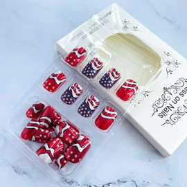 24Pcs Independence Day Press on Nails Short Square Fake Nails with American Flag Designs Metallic Glue on Nails Silver Lines Stars False Nails Red Glitter Stick on Nails for Women Girls