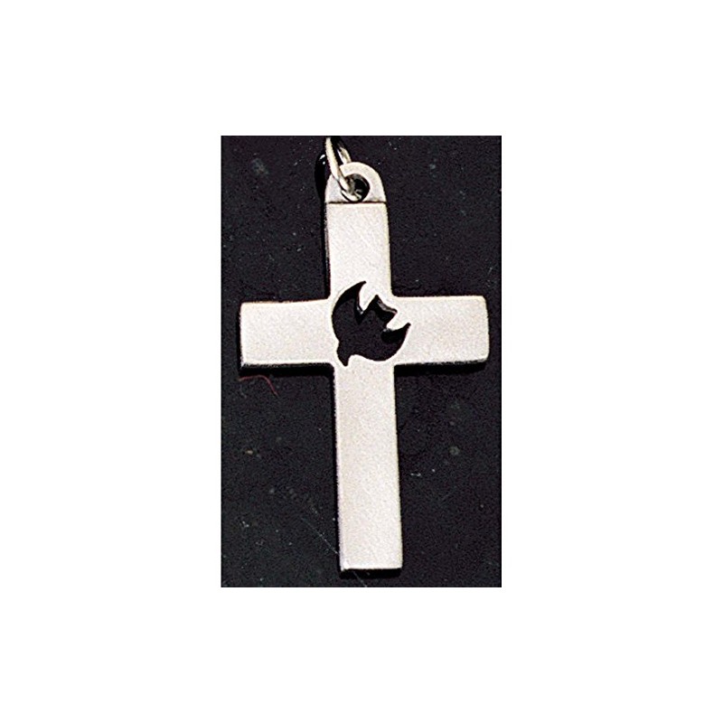 Thick, Boxed Cross With Cutout Dove Center Pewter 24-Inch Pendant