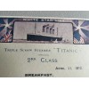 RMS TITANIC SECOND CLASS BREAKFAST MENU REPLICA APRIL 11, 1912