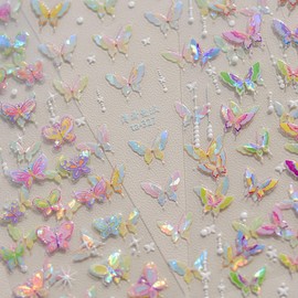 Butterfly Nail Art Stickers 5D Embossed Butterfly Nail Decals Colorful Aurora Shining Design Butterfly Nails Adhesive Sticker Nail Art Supplies for Nails Manicure Decorations