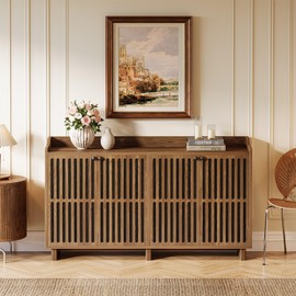 Tribesigns 55-inch Rustic Brown Farmhouse Kitchen Storage Cabinet with 4 Doors and Adjustable Shelves, Wood Credenzas Coffee Bar Cabinet for Living Room, Dining Room, Kitchen