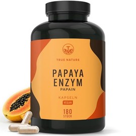 Papaya Enzyme Capsules, High Dose: 2100 mg Papain Extract, 180 Capsules, Papain Enzyme Activity: 6 million Units/g, Vegan, German Production TRUE NATURE