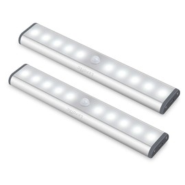 Wireless Motion Sensor Cabinet Lights 10-LED USB Rechargeable Closet Lights LED Under Cabinet Lighting for Wardrobe/Drawer/Stairs/Cupboard/Counter/Pantry/Stairs,Stick On Anywhere,2 Pack,White Light